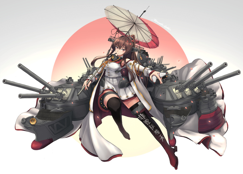 12.7cm/40_type_89_naval_gun, 15m_duplex_rangefinder, 1girl, 46cm/45_type_94_naval_gun, absurdres, anti-aircraft, anti-aircraft_gun, asymmetrical_footwear, black_footwear, boots, breasts, brown_eyes, brown_hair, cannon, cherry_blossoms, clothes_writing, clothing_cutout, coat, coat_on_shoulders, collar, dual-purpose_gun, flower, gradient_footwear, hair_flower, hair_intakes, hair_ornament, headgear, highres, holding, holding_shell, kantai_collection, knee_boots, large_breasts, long_coat, long_hair, long_sleeves, metal_collar, multicolored_umbrella, oil-paper_umbrella, pleated_skirt, ponytail, range_finder, red_footwear, red_umbrella, rekka_yamato, rigging, sakuramon, searchlight, shell, shoulder_cutout, sidelocks, single_knee_boot, single_thigh_boot, skirt, sleeveless_coat, smokestack, solo, thigh_boots, thigh_strap, torpedo_belt, turret, type_21_air_search_radar, type_94_anti-aircraft_fire_detector, type_96_25mm_at/aa_gun, umbrella, white_coat, white_skirt, white_umbrella, yamato_(kancolle), yamato_kai_ni_(kancolle)