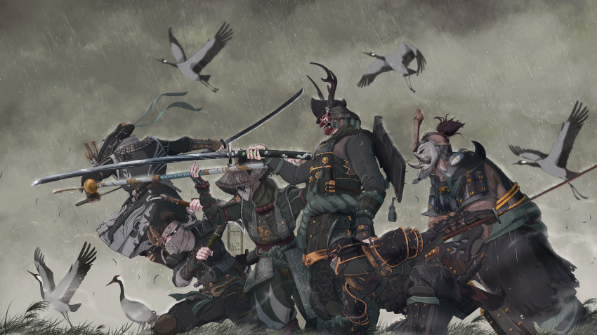 1girl, 5boys, armlet, armor, bird, black_hair, club_(weapon), dual_wielding, fat, fat_man, fingerless_gloves, for_honor, gloves, grey_sky, helmet, highres, holding, holding_club, holding_scythe, holding_sword, holding_weapon, ifragmentix, japan, japanese_armor, japanese_clothes, kabuto_(helmet), kama_(weapon), kanabou, katana, long_hair, long_sleeves, mask, multiple_boys, naginata, ninja, ootachi, outdoors, polearm, procreate_(medium), rain, ronin, samurai, scythe, short_ponytail, sickle, swan, sword, wakizashi, warrior, water_drop, weapon