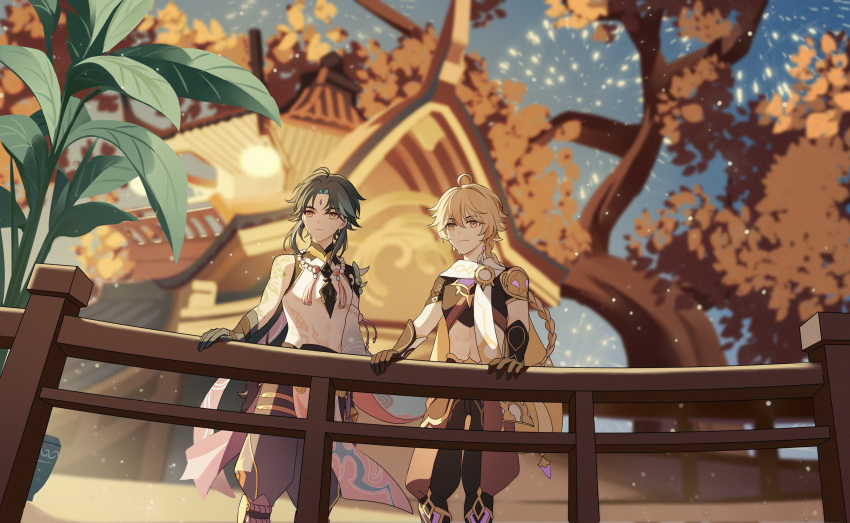 2boys, absurdres, aerial_fireworks, aether_(genshin_impact), ahoge, aqua_hair, architecture, arm_tattoo