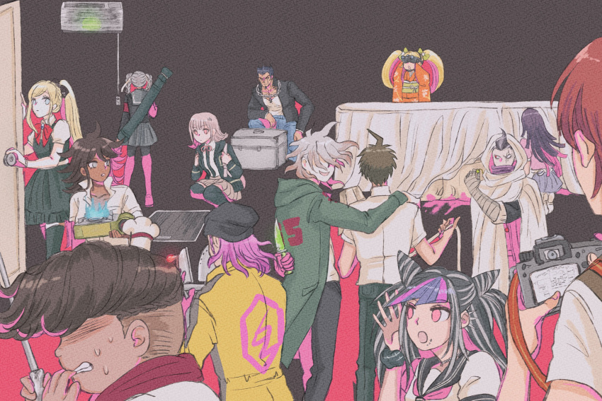 6+boys, 6+girls, :o, ahoge, apron, black_background, black_bow, black_hair