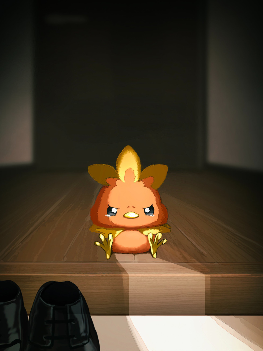absurdres, angry, bird, commentary_request, highres, indoors, pokemon, pokemon_(creature), shoes, sitting, solo, starter_pokemon_trio, suchi_(fsur7444), tearing_up, torchic, wooden_floor