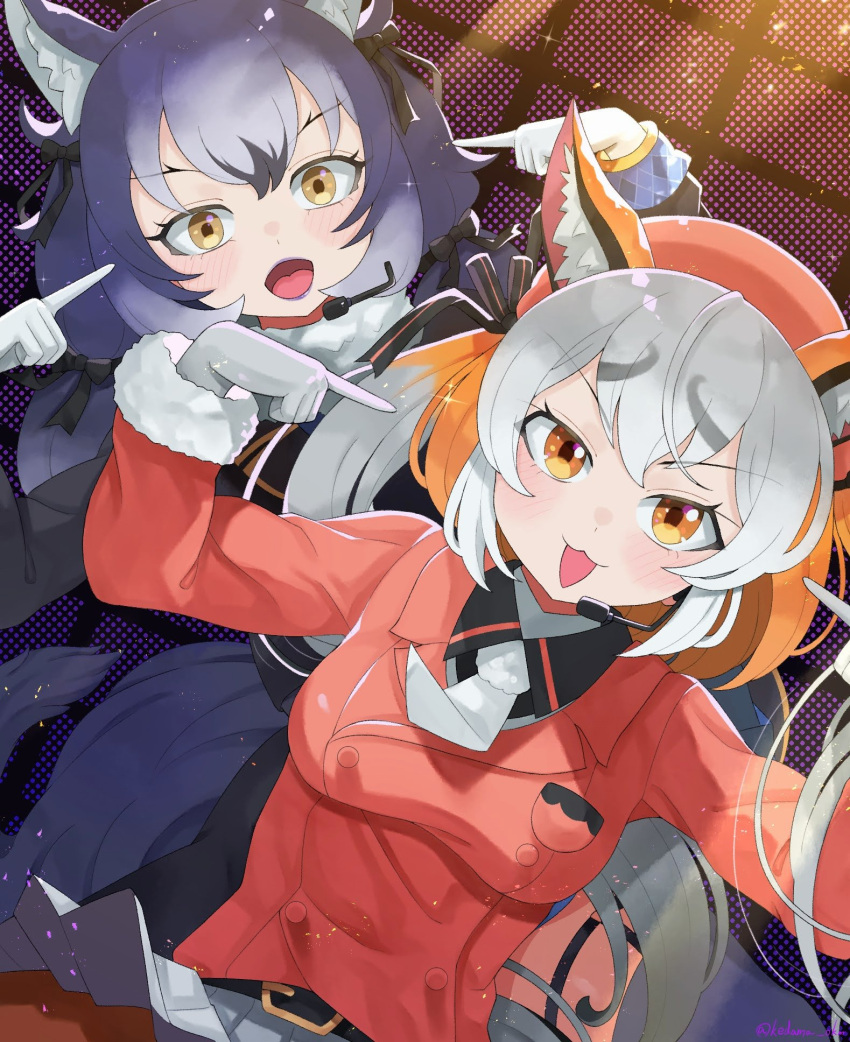 2girls, animal_costume, animal_ear_fluff, animal_ears, blazer, blue_hair, dire_wolf_(kemono_friends), fox_ears, fox_girl, fox_tail, gloves, grey_hair, hat, highres, island_fox_(kemono_friends), jacket, kedama_(ughugjydthjdf), kemono_friends, kemono_friends_v_project, long_hair, microphone, multicolored_hair, multiple_girls, necktie, open_mouth, ribbon, tail, virtual_youtuber, wolf_ears, wolf_girl, wolf_tail, yellow_eyes