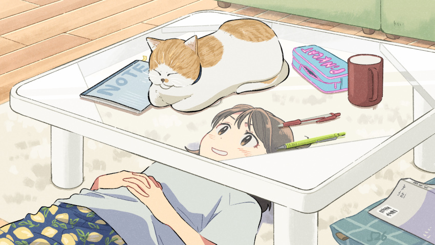 1girl, blue_shirt, brown_eyes, brown_hair, carpet, cat, commentary_request, cup