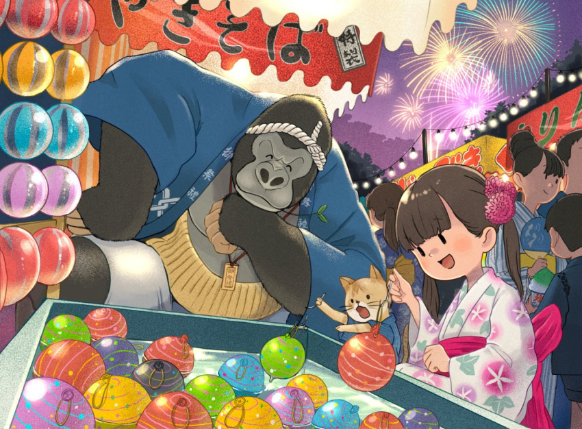 2boys, 2others, 3girls, cat, child, commentary_request, female_child, festival