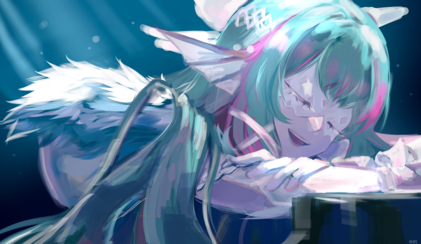 1girl, closed_eyes, columbina_(genshin_impact), columbina_(genshin_impact)_(cosplay), cosplay, derivative_work, eyepatch, finana_ryugu, fish_girl, genshin_impact, gloves, green_hair, head_fins, hebs_lzm, highres, light_rays, long_hair, multicolored_hair, nijisanji, nijisanji_en, pink_hair, signature, smile, solo, virtual_youtuber, white_gloves