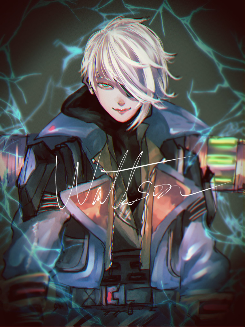 1girl, apex_legends, belt, black_belt, black_shirt, blue_eyes, blue_jacket, brown_vest