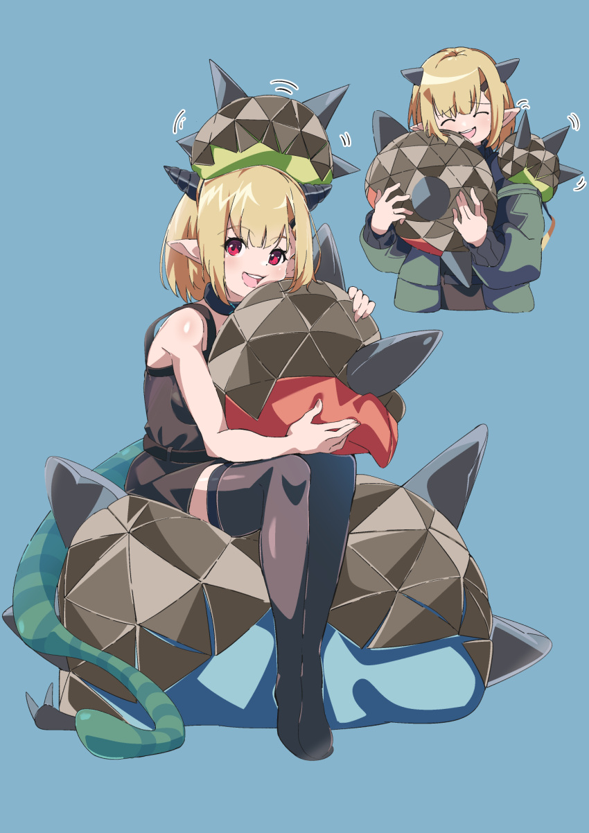 1girl, arknights, black_tank_top, black_thighhighs, blonde_hair, closed_mouth, dragon_girl, dragon_horns, dragon_tail, green_jacket, highres, horns, jacket, long_sleeves, looking_at_viewer, open_mouth, originium_slug_(arknights), pointy_ears, red_eyes, sajimaririri, short_hair, smile, tail, tank_top, thigh-highs, vanilla_(arknights)