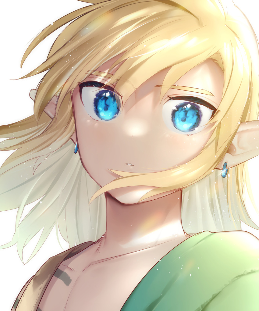 1boy, bangs, blonde_hair, blue_eyes, collarbone, earrings, green_shirt, grey_background