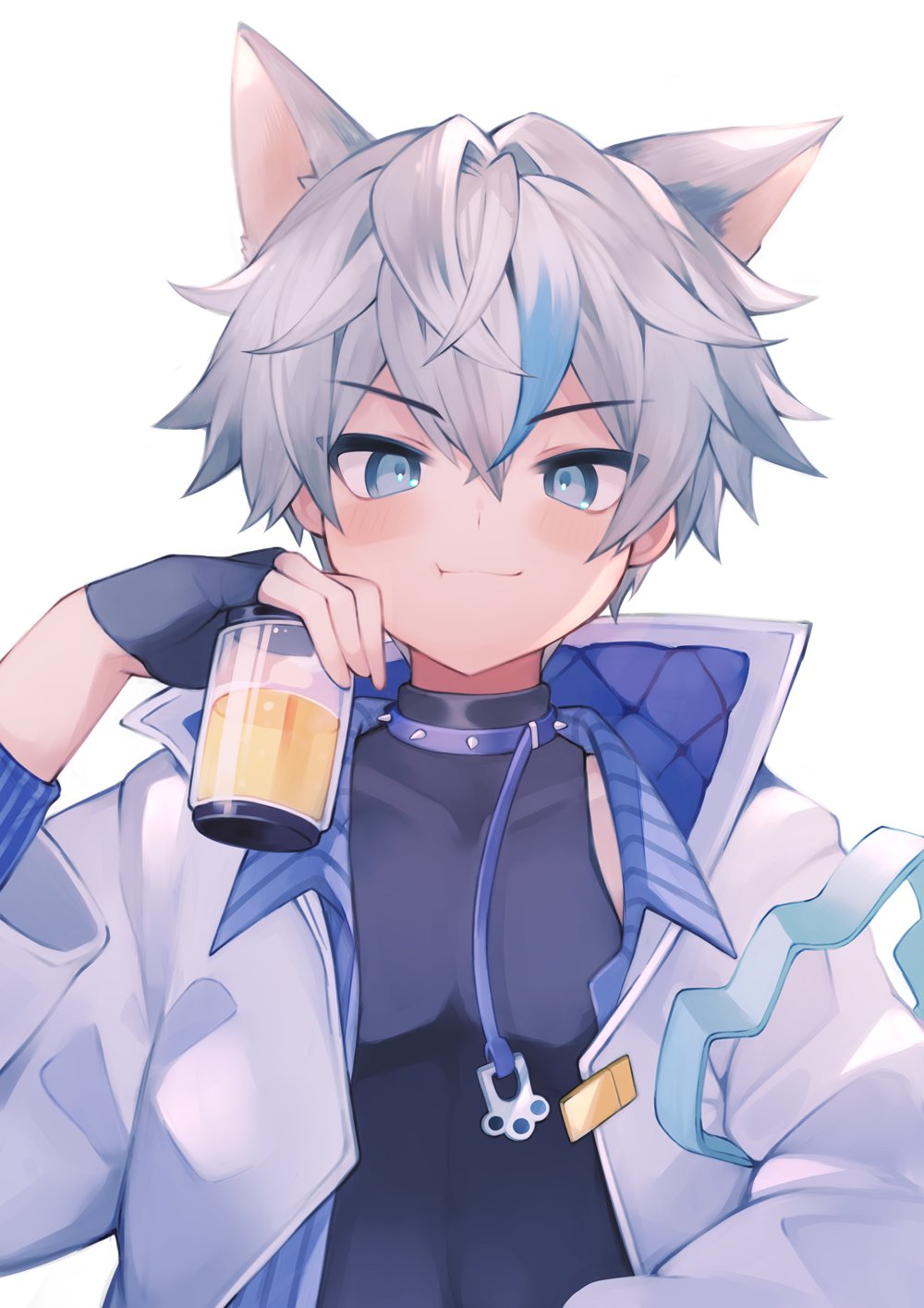 1boy, bangs, belt_collar, blue_eyes, collar, cup, drinking_glass, fingerless_gloves, gloves, highres, holding, holding_cup, kemonomimi_mode, looking_at_viewer, male_focus, memo_haco, mug, original, smile, solo, white_hair