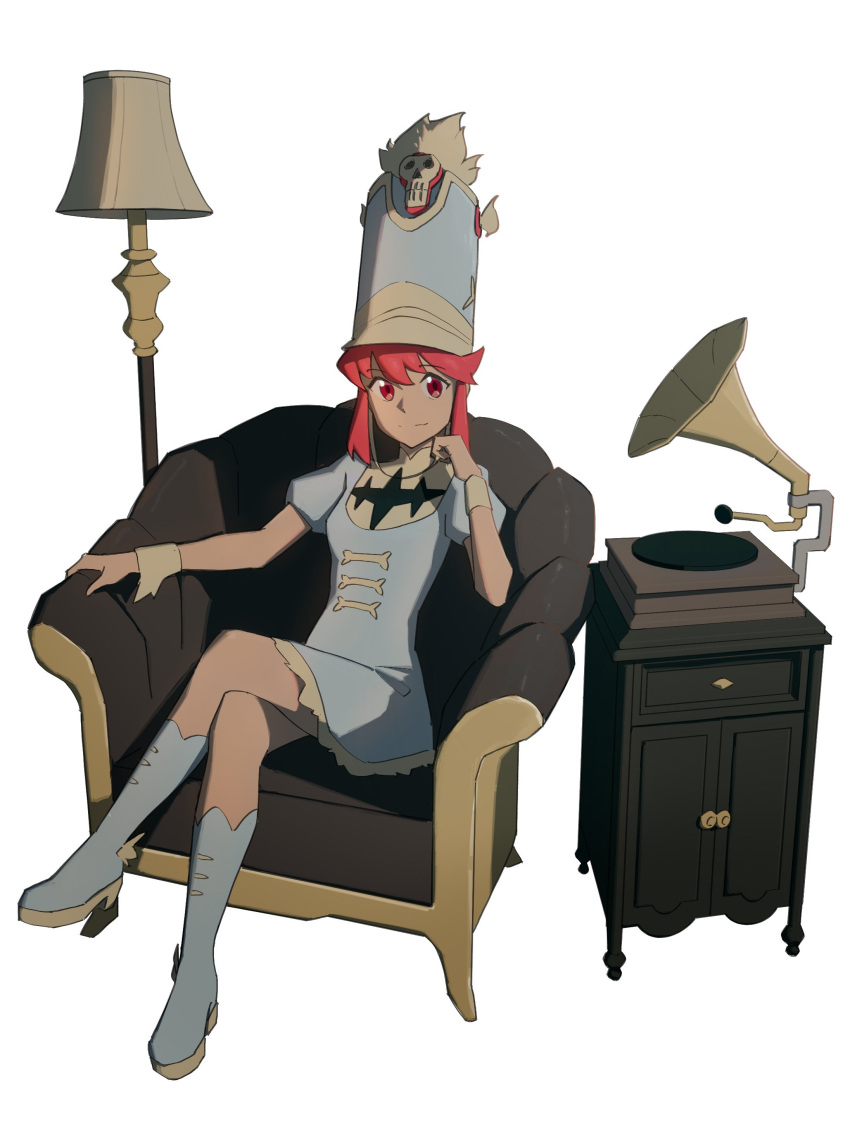 1girl, absurdres, armchair, bangs, blue_dress, blue_footwear, blue_headwear, bone_print