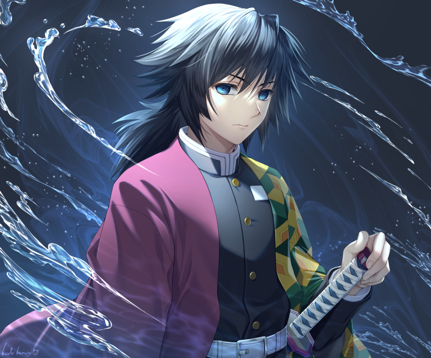 1boy, bangs, belt, belt_buckle, black_hair, black_jacket, blue_eyes, buckle