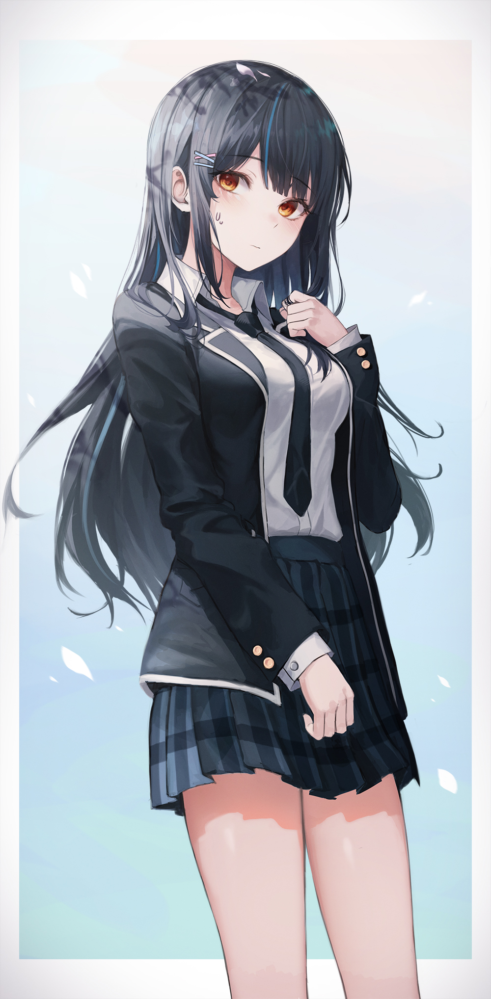 1girl, black_hair, black_jacket, black_necktie, border, closed_mouth, collared_shirt, dappled_sunlight
