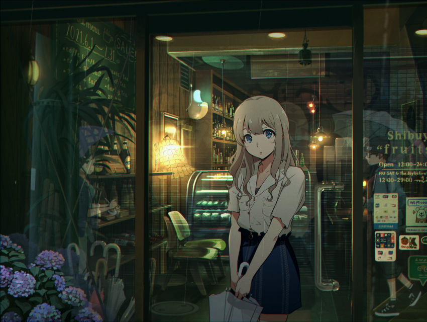 1boy, 2girls, 5114ave, absurdres, bangs, blue_eyes, blue_skirt, brown_hair