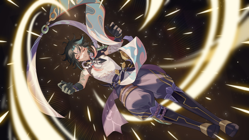 1boy, absurdres, aqua_hair, arm_tattoo, arms_up, bangs, bare_shoulders, bead_necklace