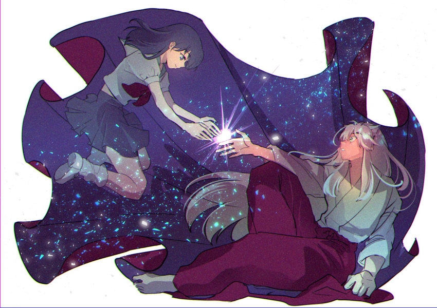 1boy, 1girl, animal_ears, barefoot, black_hair, couple, dog_ears, floating
