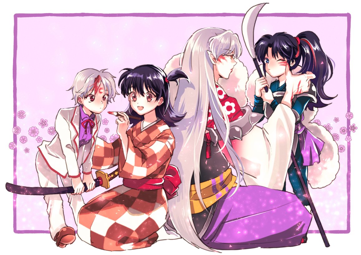 armor, black_hair, border, brown_eyes, checkered_clothes, checkered_kimono, facial_mark, family, father_and_daughter, female_child, full_body, hair_between_eyes, hair_ribbon, higurashi_towa, holding, holding_polearm, holding_sword, holding_weapon, inuyasha, jacket, japanese_clothes, katana, kimono, kneeling, leaning_forward, long_hair, makochan, mother_and_daughter, multicolored_hair, one_eye_closed, open_mouth, pants, pointy_ears, polearm, ponytail, purple_shirt, redhead, ribbon, rin_(inuyasha), school_uniform, sesshoumaru, setsuna_(inuyasha), shirt, short_hair, short_ponytail, side_ponytail, smile, standing, sword, two-tone_hair, weapon, white_hair, white_jacket, white_pants, wide_sleeves