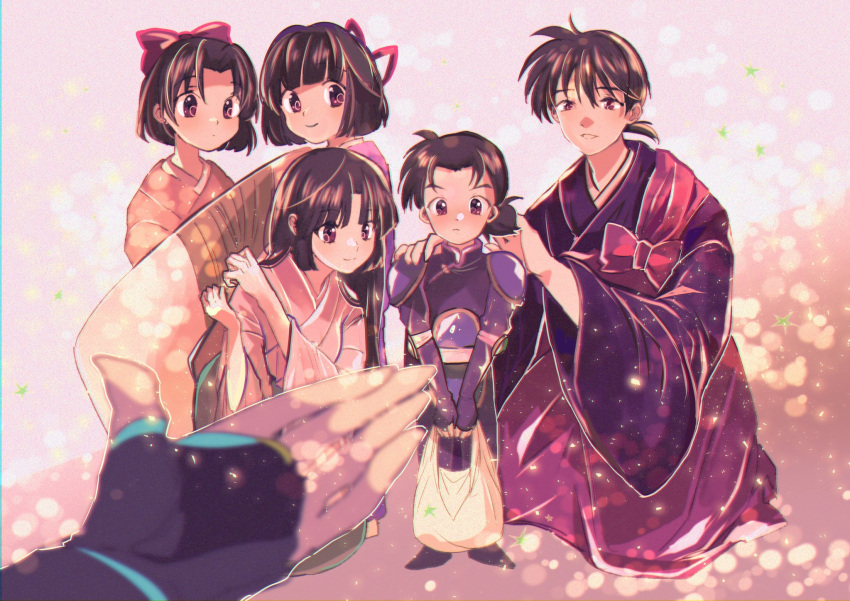 3boys, 3girls, armor, bag, bangs, blunt_bangs, blurry, blurry_foreground