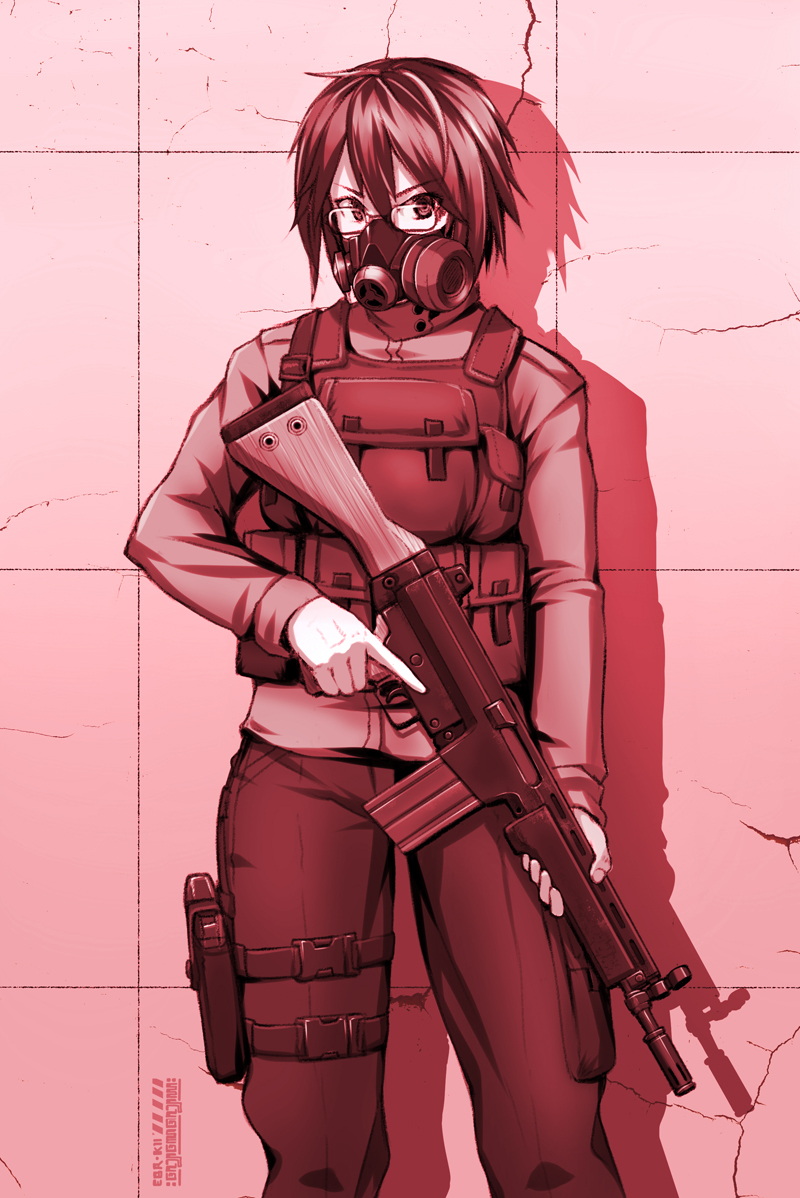 1girl, androgynous, battle_rifle, cracked_wall, ebr-kii, gas_mask, glasses, gun
