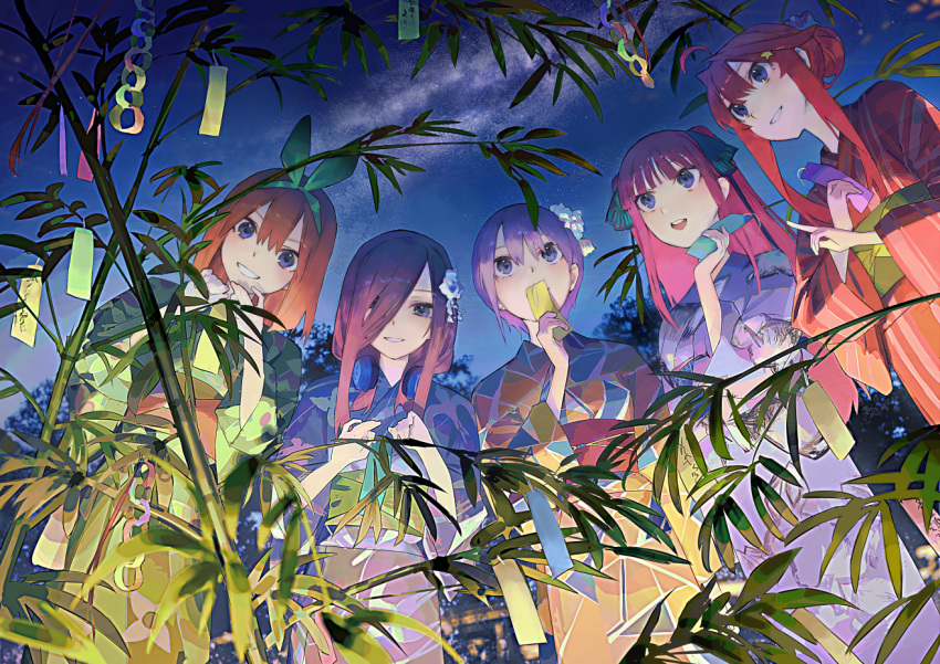 5girls, bangs, black_ribbon, blue_eyes, blunt_bangs, brown_hair, butterfly_hair_ornament, commentary