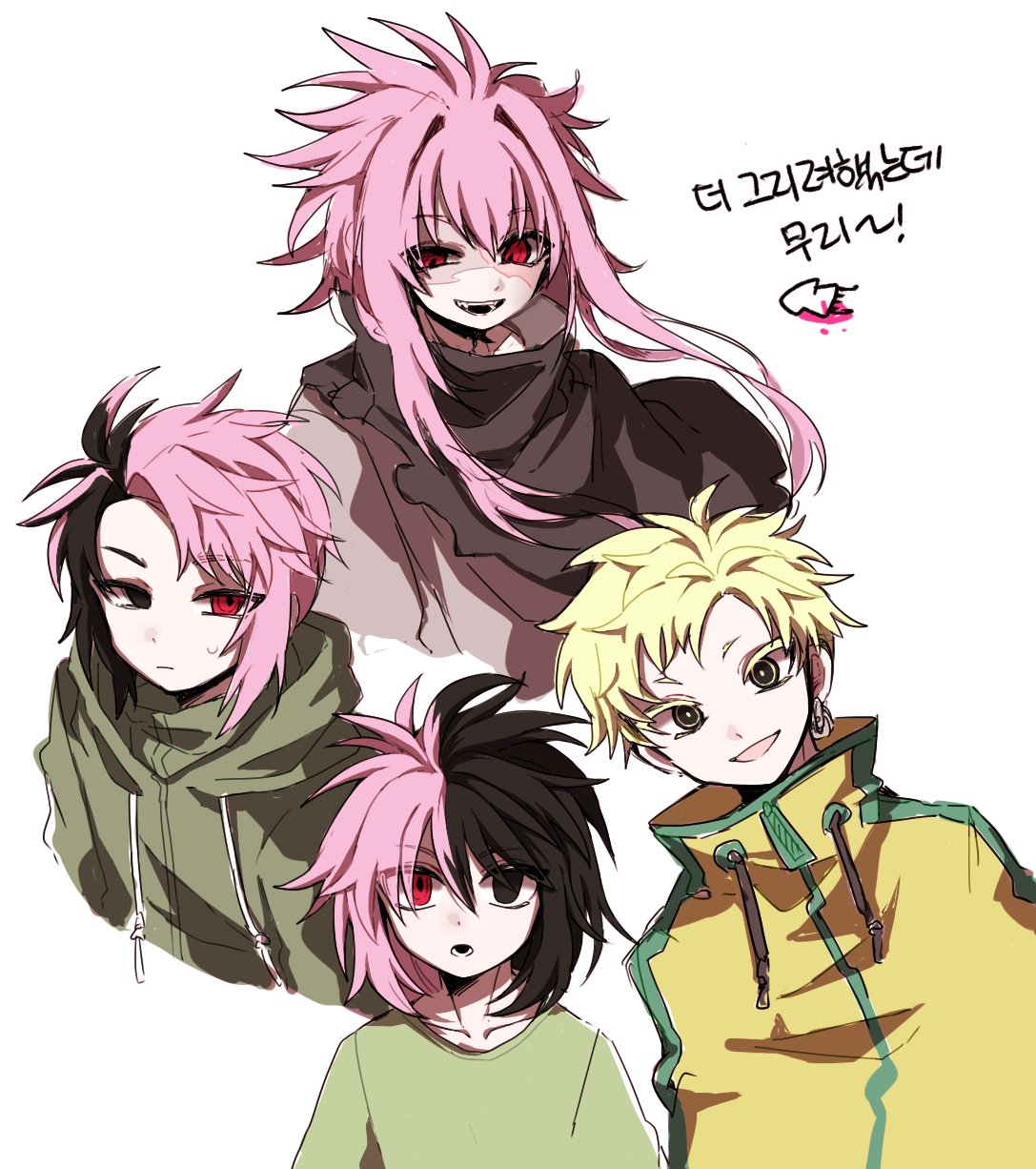 4boys, bangs, black_eyes, black_hair, black_shawl, blonde_hair, closed_mouth, colored_eyelashes