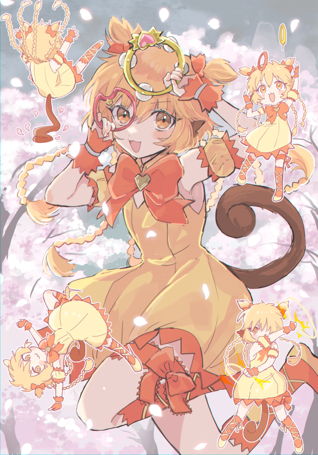 1girl, :3, animal_ears, blonde_hair, bow, braid, detached_sleeves, fingerless_gloves