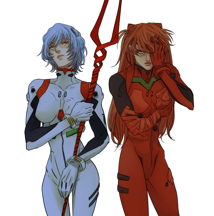 2girls, absurdres, ayanami_rei, bangs, blue_hair, bodysuit, hair_ornament, highres, holding, holding_weapon, interface_headset, lance_of_longinus, long_hair, looking_at_viewer, mashe_(marceline2174), multiple_girls, neon_genesis_evangelion, orange_hair, pilot_suit, plugsuit, red_bodysuit, red_eyes, short_hair, simple_background, souryuu_asuka_langley, weapon, white_background, white_bodysuit