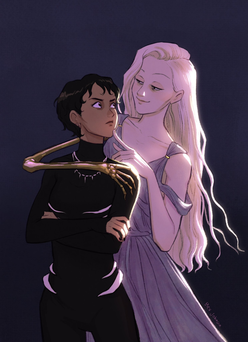 2girls, bev_johnson, black_background, black_hair, black_nails, black_sweater, blonde_hair, crossed_arms