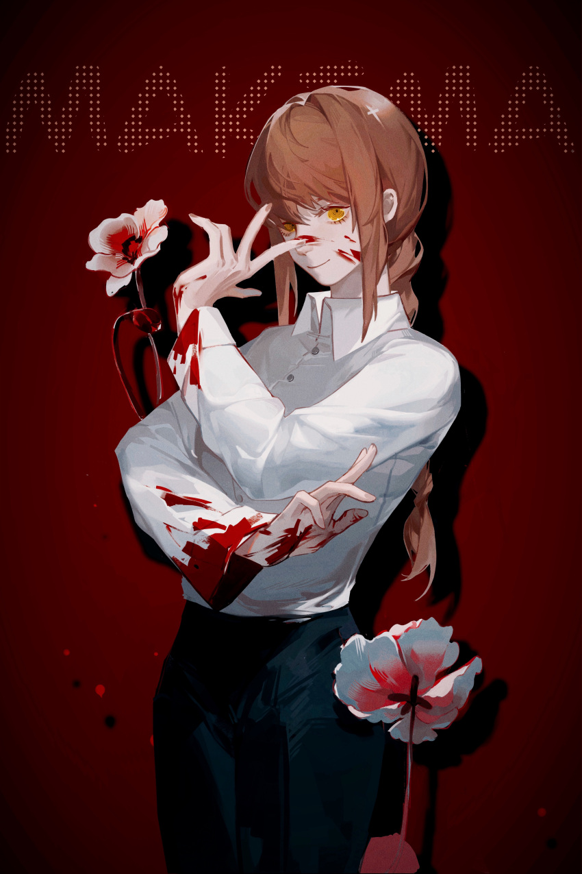 1girl, absurdres, bangs, black_pants, blood, blood_on_clothes, blood_on_face, blood_on_hands