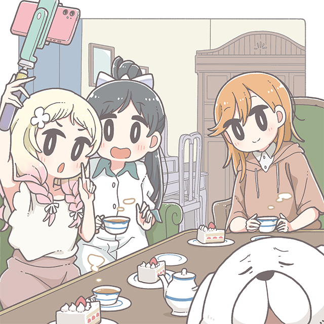 3girls, black_hair, blonde_hair, bow, braid, brown_hoodie, cake, cake_slice