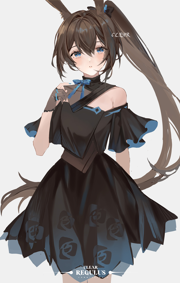 1girl, alternate_costume, amiya_(arknights), animal_ears, arknights, artist_name, bangs, black_dress