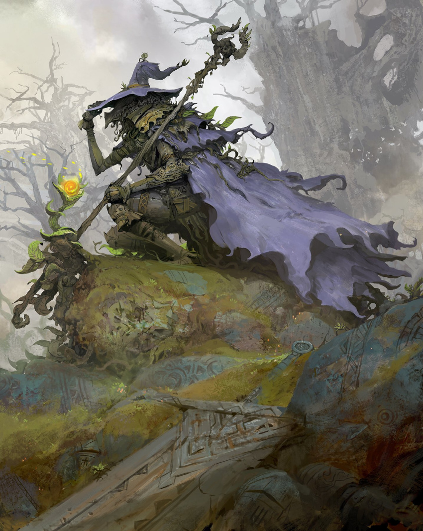 1boy, armor, bare_tree, blue_cloak, boots, brown_footwear, cloak, extra_eyes