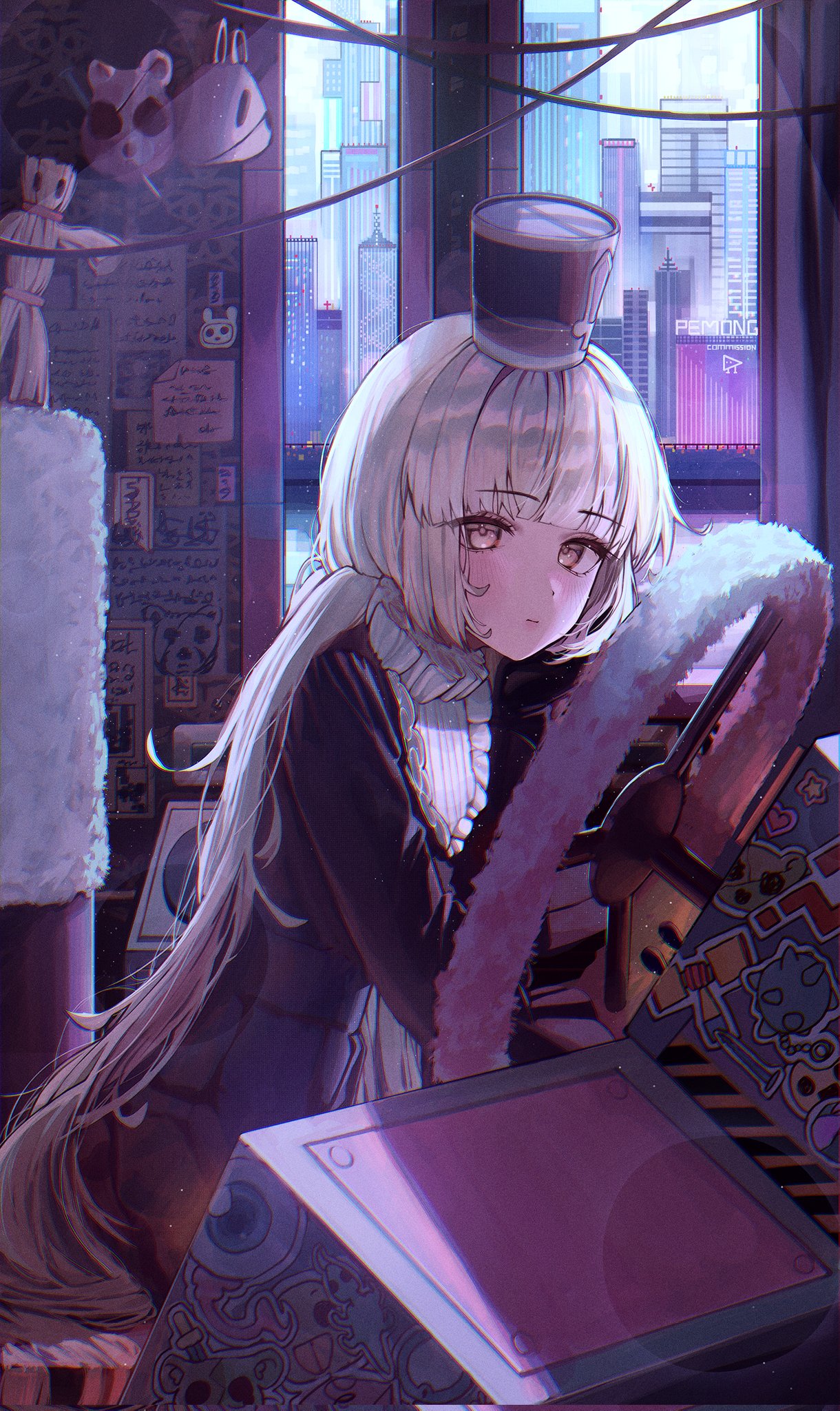 1girl, black_coat, black_headwear, blush, cityscape, coat, driving, hat, highres, indoors, japduck, lapis_(project_moon), leviathan, limbus_company, project_moon, shirt, sitting, sticker, top_hat, wheel, white_hair, white_shirt, window, yellow_eyes