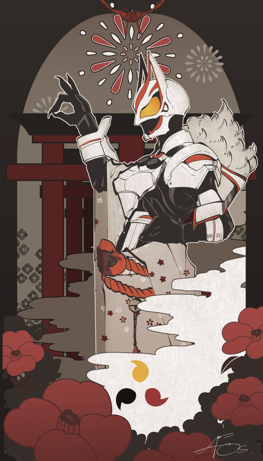 1boy, absurdres, architecture, armor, black_bodysuit, body_armor, bodysuit, clouds, east_asian_architecture, entrance, fireworks, flower, fluffy, fox, fox_mask, fox_shadow_puppet, fox_tail, hand_gesture, helmet, highres, japanese_clothes, kamen_rider, kamen_rider_geats, kamen_rider_geats_(series), kanyawat_huilayhui, kitsune, mask, orange_eyes, profile, scarf, signature, tail, tokusatsu, white_armor, white_scarf