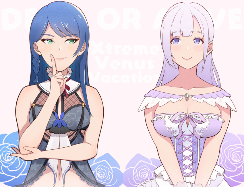 2girls, blue_hair, closed_mouth, dead_or_alive, dress, fiona_(doa), green_eyes, hand_on_own_face