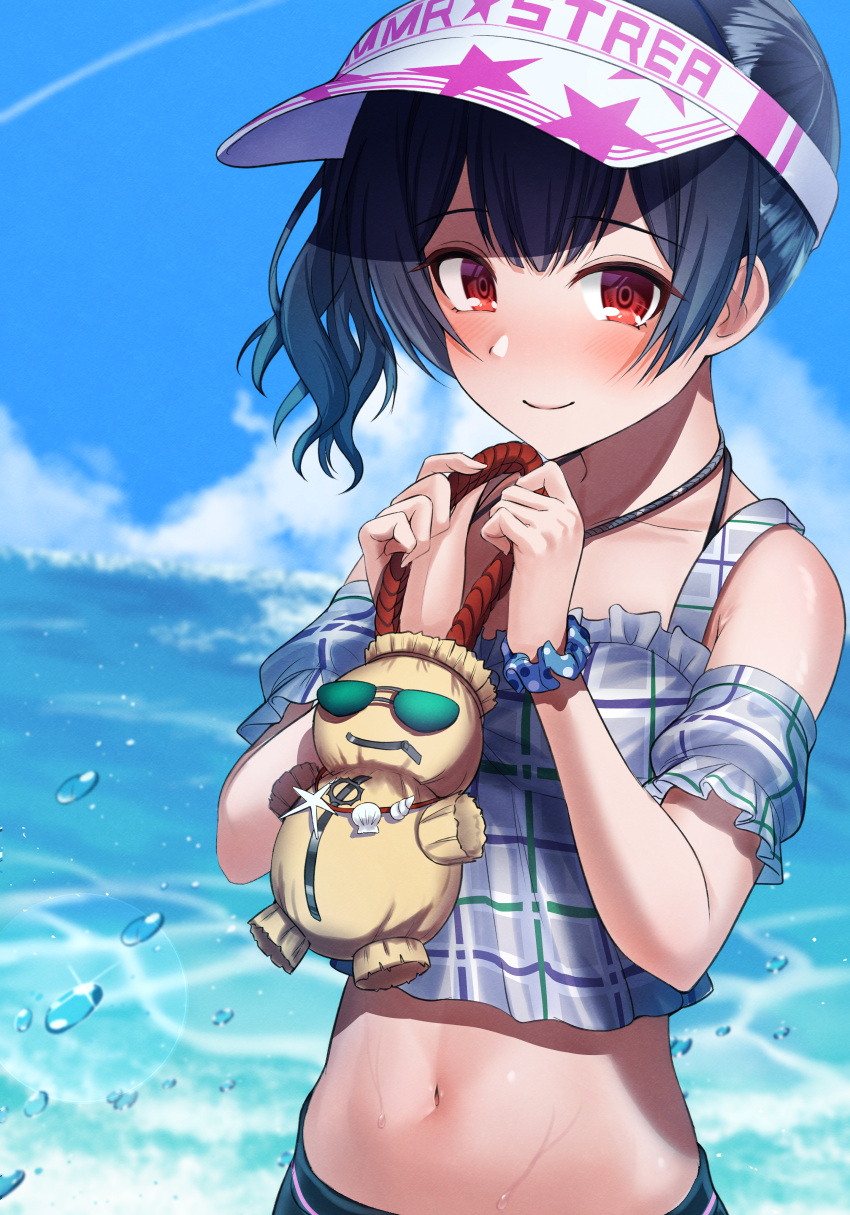 1girl, absurdres, bangs, blue_sky, blush, checkered_clothes, checkered_shirt, clouds