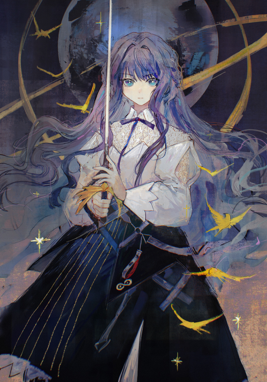 1girl, arknights, astesia_(arknights), bangs, bird, black_background, black_skirt, blue_eyes