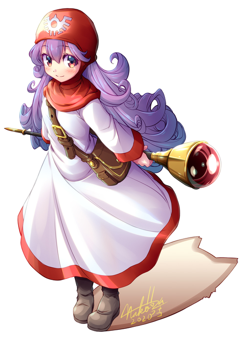 1girl, 2020, blush, boots, breasts, closed_mouth, curly_hair, dragon_quest