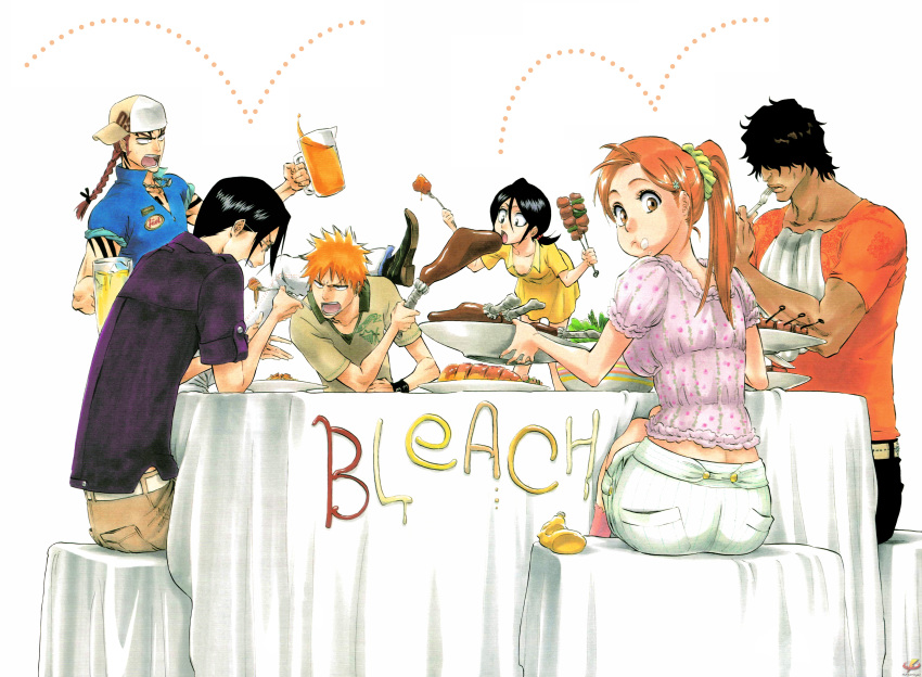 2girls, 4boys, abarai_renji, absurdres, black_hair, bleach, blue_shirt, braid, brown_eyes, cap, copyright_name, dark_skin, dress, eyelashes, food, food_in_mouth, food_on_face, hair_between_eyes, hair_ornament, hair_over_eyes, hairpin, hat, highres, holding, holding_food, inoue_orihime, ishida_uryuu, jewelry, kuchiki_rukia, kurosaki_ichigo, long_hair, looking_back, multiple_boys, multiple_girls, necklace, official_art, open_mouth, orange_hair, orange_shirt, ponytail, purple_shirt, scrunchie, shirt, short_hair, short_sleeves, simple_background, sitting, tattoo, tied_hair, tite_kubo, title_drop, v-neck, wavy_hair, wristband, yasutora_sado, yellow_dress