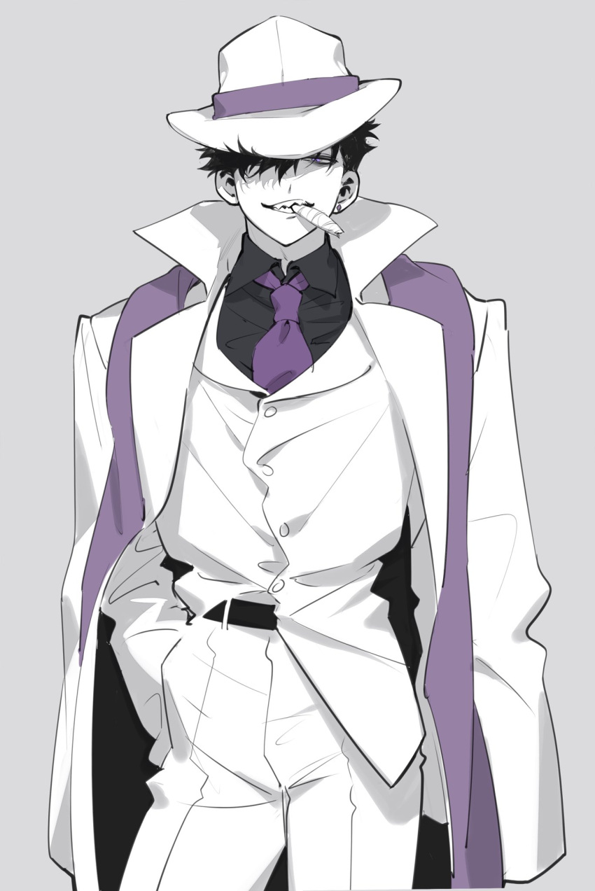 1boy, belt, check_copyright, cigar, coat, coat_on_shoulders, copyright_request, earrings