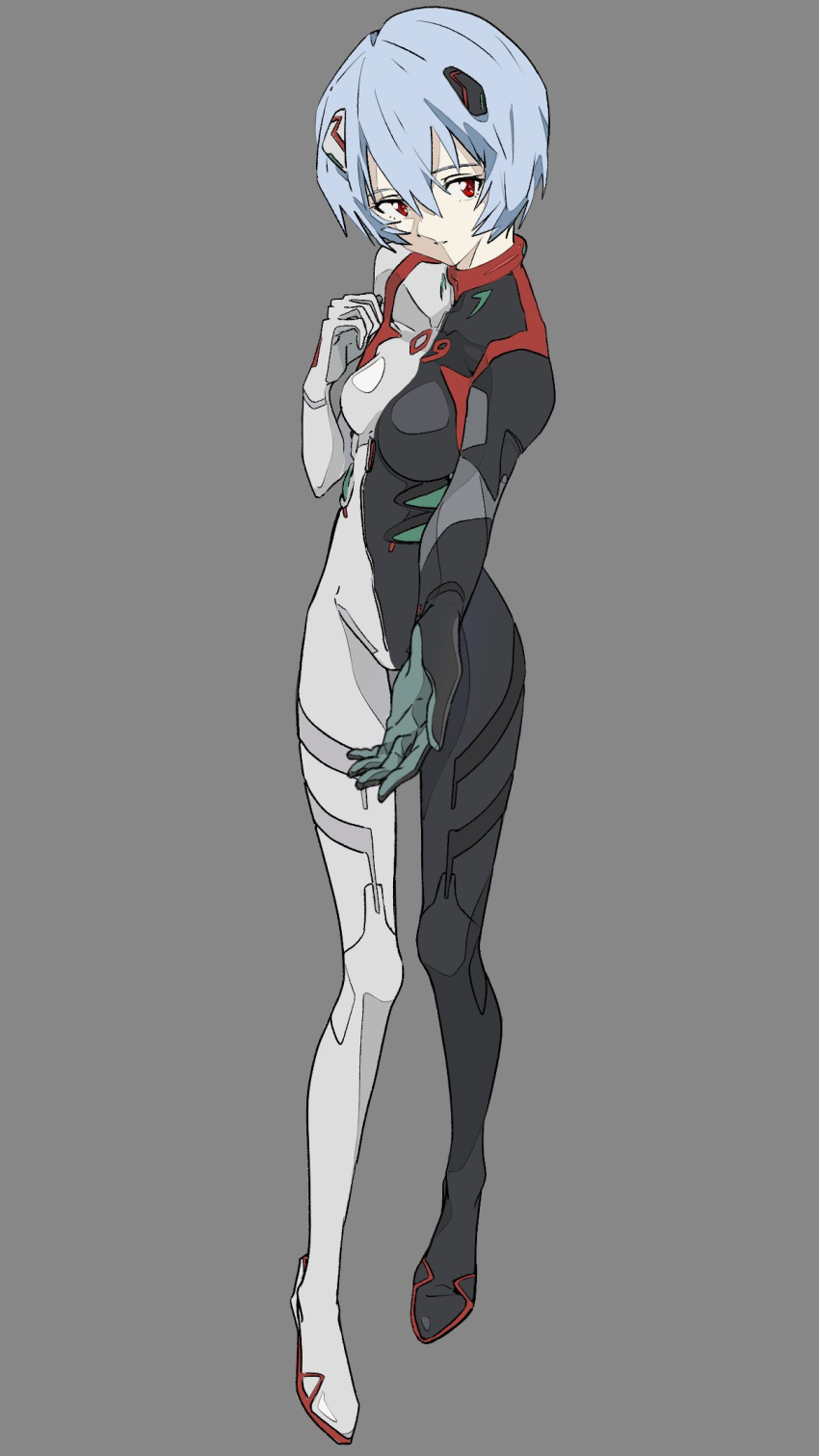 1girl, 946083d1, ayanami_rei, black_bodysuit, black_vs_white, blue_hair, bodysuit, border