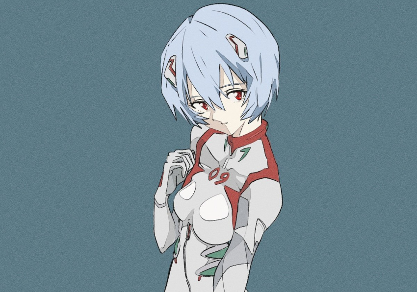 1girl, 946083d1, ayanami_rei, blue_background, blue_hair, bodysuit, collarbone, covered_collarbone