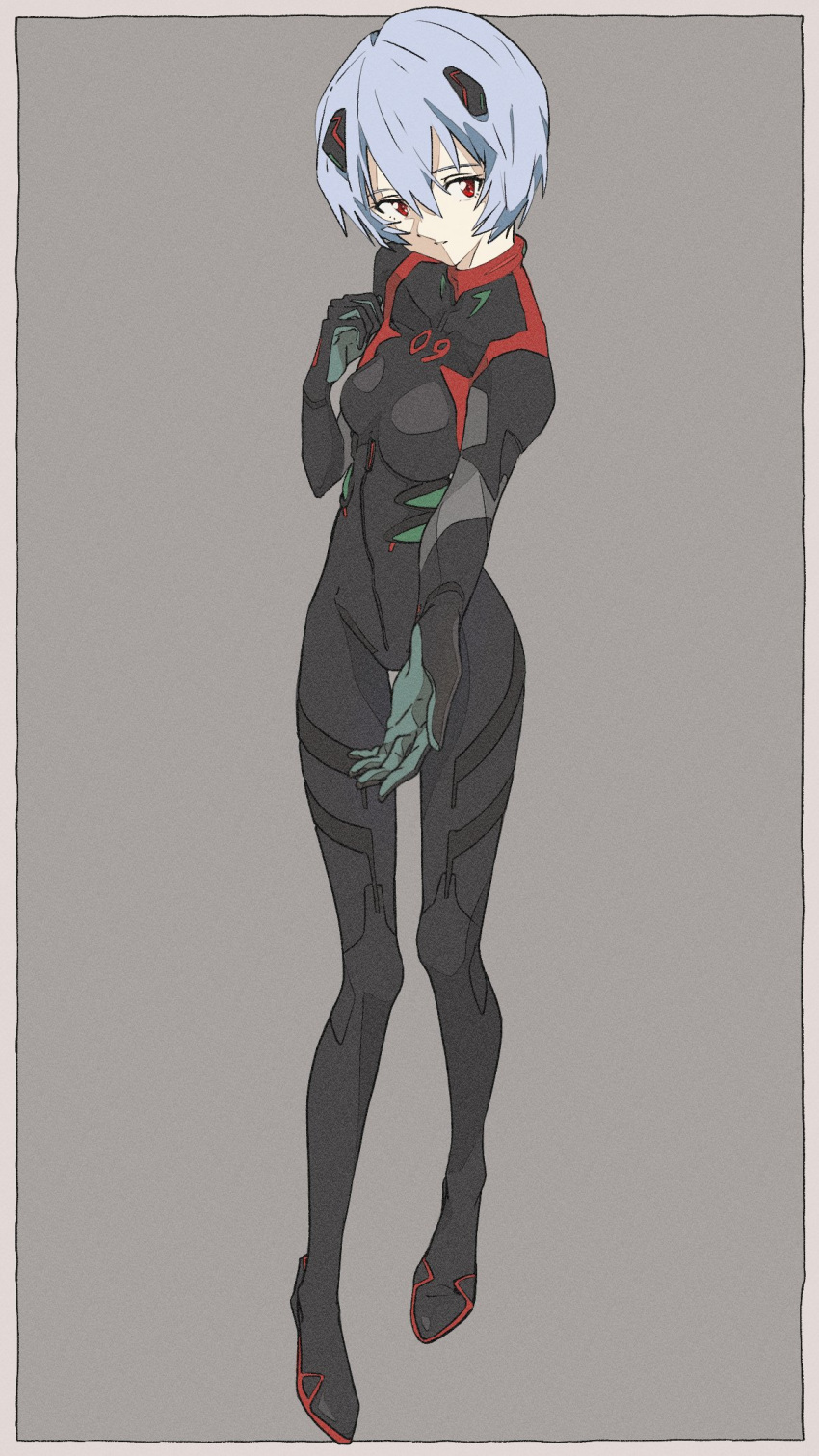 1girl, 946083d1, ayanami_rei, black_bodysuit, black_vs_white, blue_hair, bodysuit, border