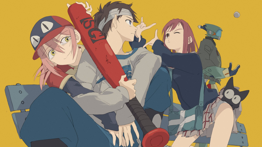 1boy, 2girls, 946083d1, animal, bag, bandaged_head, bandages, baseball