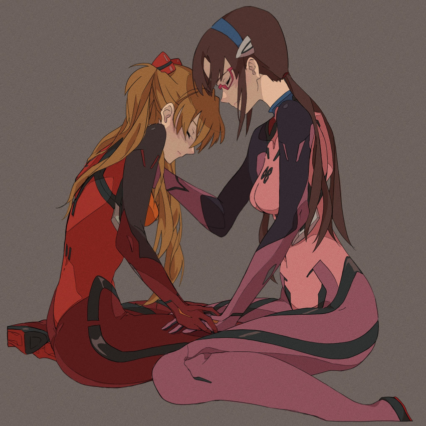 2girls, 946083d1, blue_hairband, bodysuit, brown_hair, closed_eyes, closed_mouth, covered_navel, film_grain, glasses, grey_background, hairband, hand_on_another's_hand, highres, light_brown_hair, long_hair, makinami_mari_illustrious, multicolored_bodysuit, multicolored_clothes, multiple_girls, neon_genesis_evangelion, pink-framed_eyewear, pink_bodysuit, plugsuit, purple_bodysuit, red_bodysuit, siblings, simple_background, sitting, souryuu_asuka_langley, twins, twintails, wariza