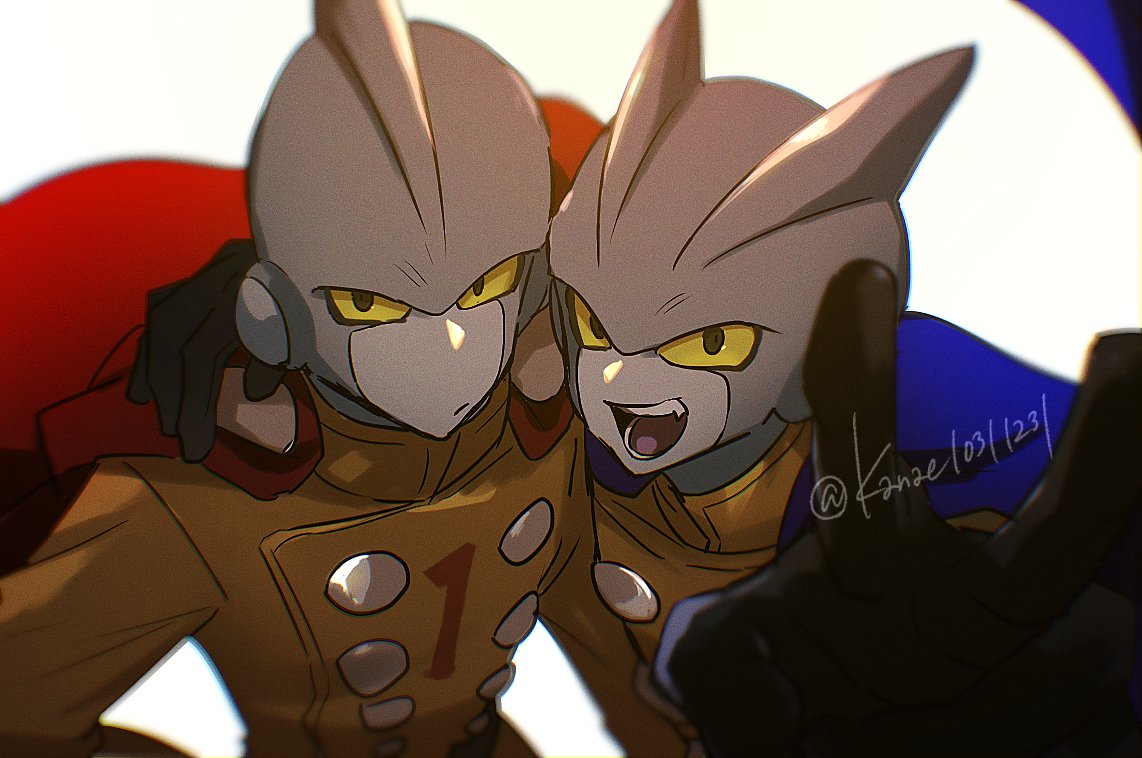 2boys, :d, arm_over_shoulder, blue_cape, cape, closed_mouth, colored_sclera, dragon_ball