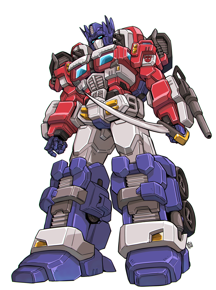 absurdres, arm_cannon, autobot, blue_eyes, highres, holding, holding_sword, holding_weapon
