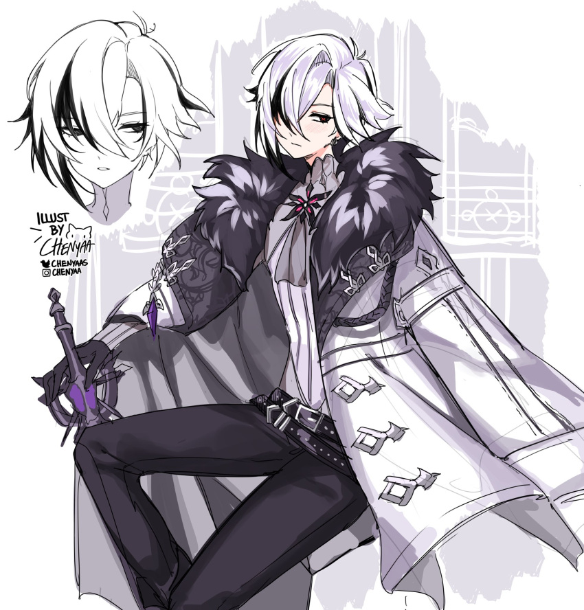 1girl, androgynous, arlecchino_(genshin_impact), ascot, bangs, belt, black_eyes, black_gloves