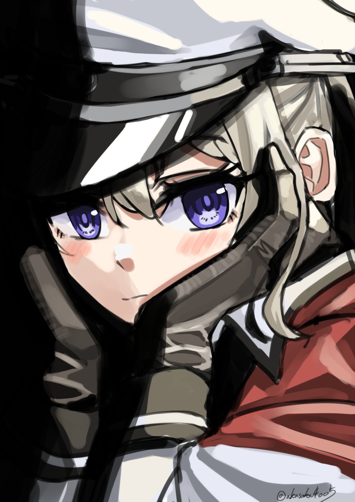 1girl, akasaka4005, bangs, black_background, black_gloves, blonde_hair, blush, capelet, closed_mouth, gloves, graf_zeppelin_(kancolle), hair_between_eyes, hat, head_rest, highres, kantai_collection, looking_at_viewer, military, military_uniform, peaked_cap, portrait, simple_background, solo, twitter_username, uniform, violet_eyes, white_headwear