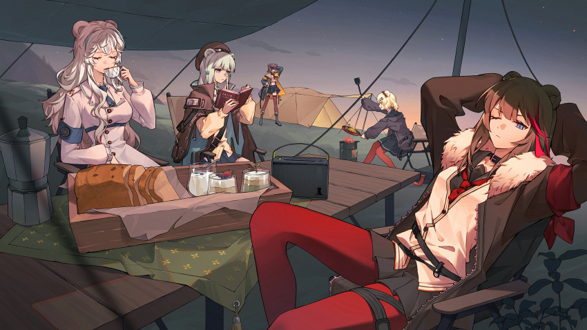 5girls, animal_ears, arknights, armband, arms_behind_head, bear_ears, bear_girl, beret