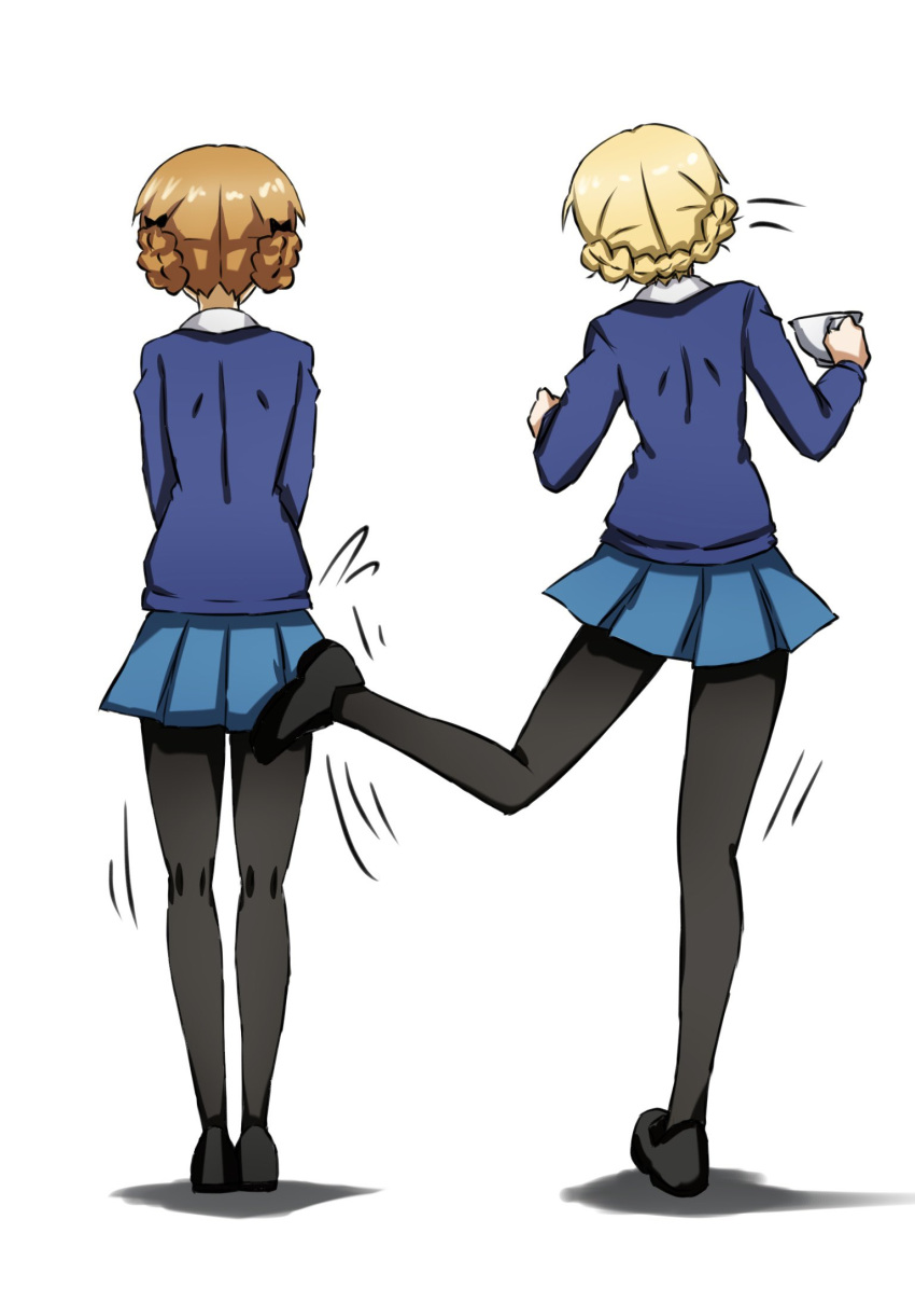 2girls, black_footwear, blonde_hair, blue_skirt, blue_sweater, braid, collared_shirt, cup